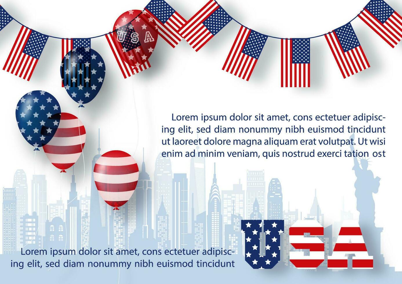 fest ballong med de USA brev, exempel texter på de USA flaggor dekoration och stor stad mönster och vit bakgrund. kort och affisch av de USA oberoende dag i vektor design.