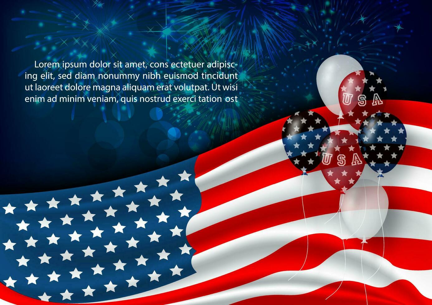 fest ballong med exempel texter på de USA flaggor dekoration och fyrverkeri och blå bokeh bakgrund. kort och affisch av de USA oberoende dag i vektor design.