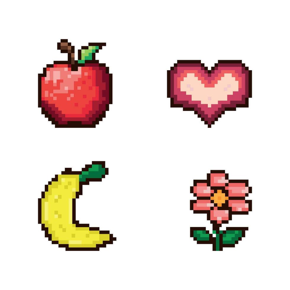 pixel uppsättning. en uppsättning av symboler för spel. pixel äpple, banan, blomma, hjärta vektor