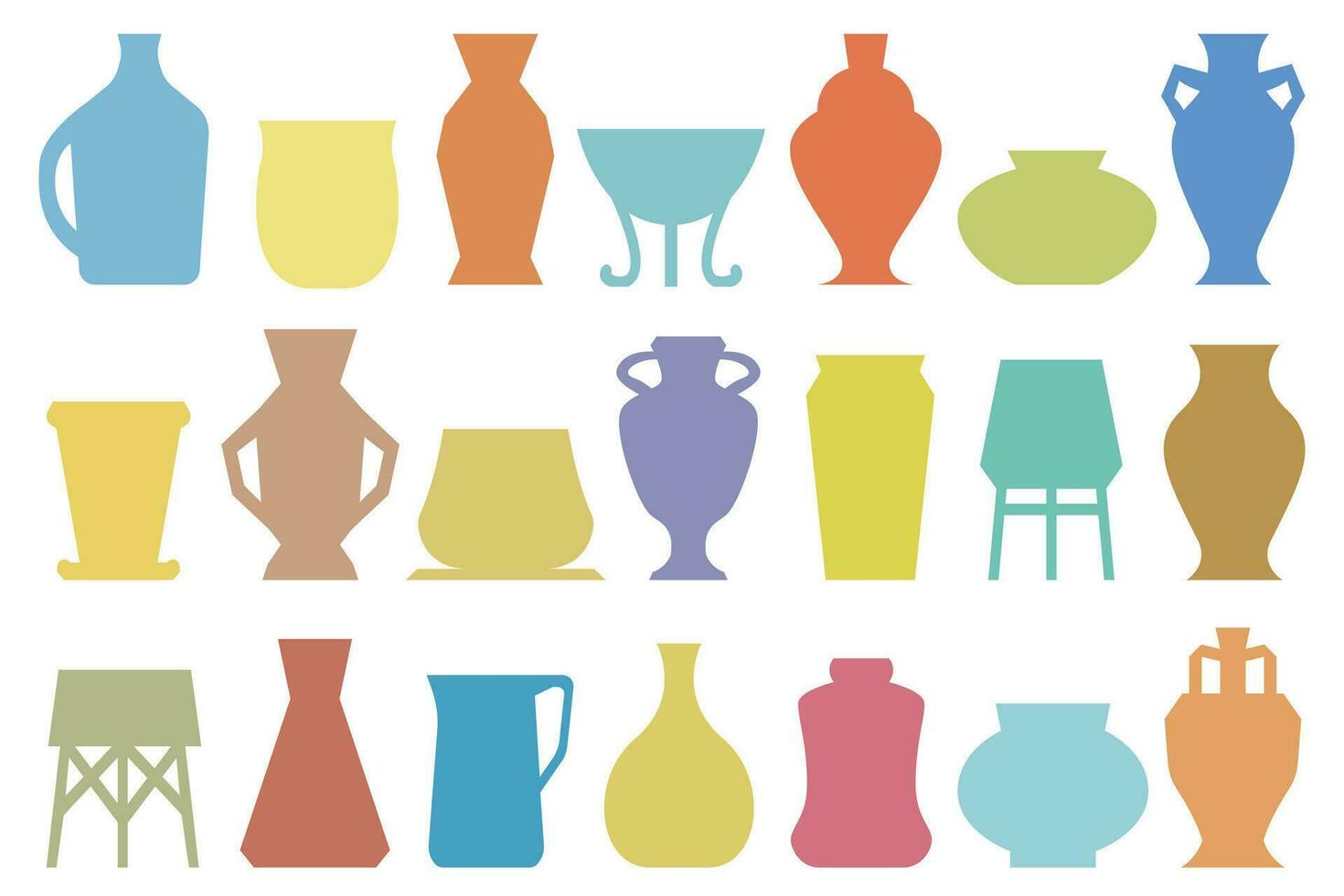 keramisk vaser samling. annorlunda Färg blomma vaser samling. antik krukmakeri koppar platt vektor illustration i boho stil isolerat på vit bakgrund