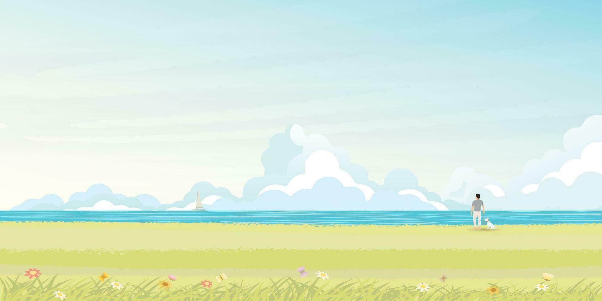 Mann mit seine Hund beim Strand im Sommer- Vektor Illustration. Seelandschaft und Blau Himmel eben Design Hintergrund.