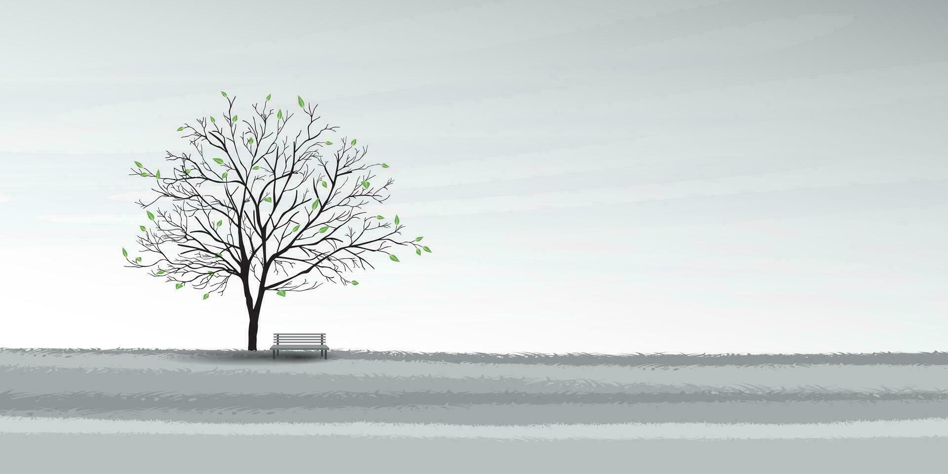 das groß Baum im Frühling und Bank mit Himmel Hintergrund schwarz und Weiß Farben außer Grün Blätter eben Design Vektor Illustration.