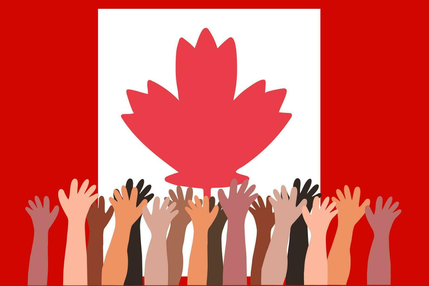 Menschen Hände auf das Hintergrund von das Flagge von Kanada. Kanada Tag vektor
