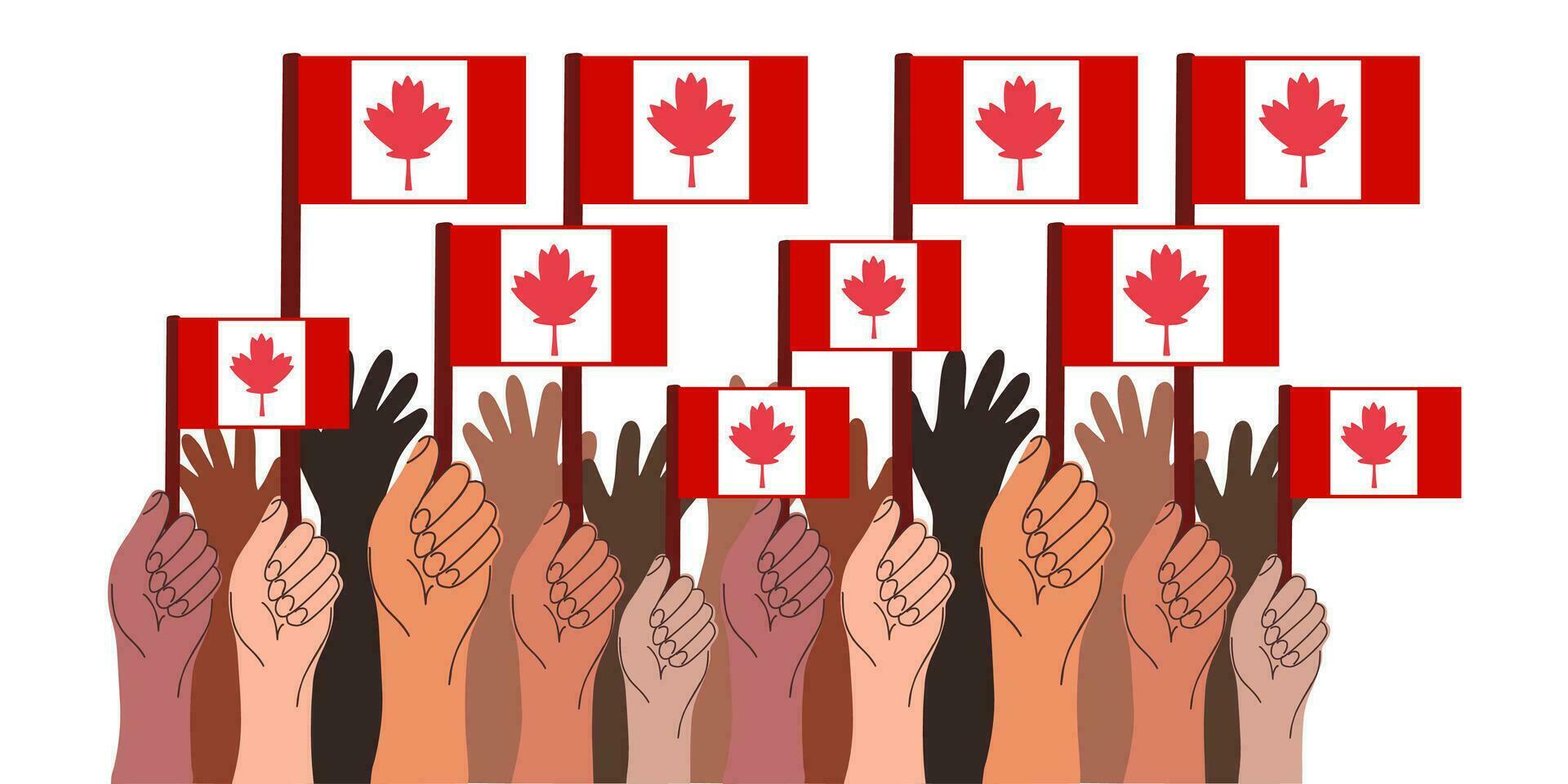 Menschen Hände halt das Flagge von Kanada. Kanada Tag Urlaub. Menge. zum Banner oder Design. Vektor