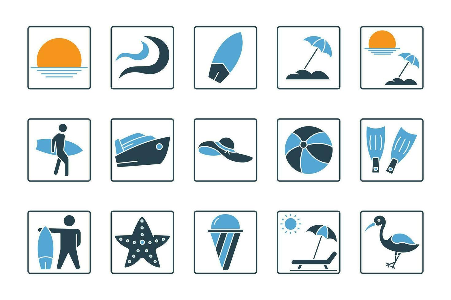 sommar uppsättning ikon. innehåller solnedgångar ikon, solen stiger, vågor, surfbrädor, strand paraplyer, surfare, Sol solstolar och Mer. fast ikon stil design. enkel vektor design redigerbar