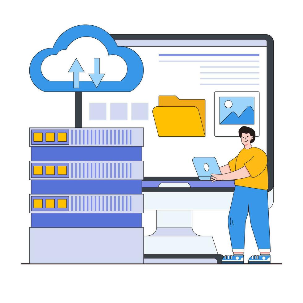 Daten Backup und Wiederherstellung Vektor Illustration Konzept mit Figuren. automatisiert Backups, Katastrophe Erholung, Daten Wiederherstellung. modern eben Stil zum Landung Buchseite, Netz Banner, Infografiken, Held Bilder