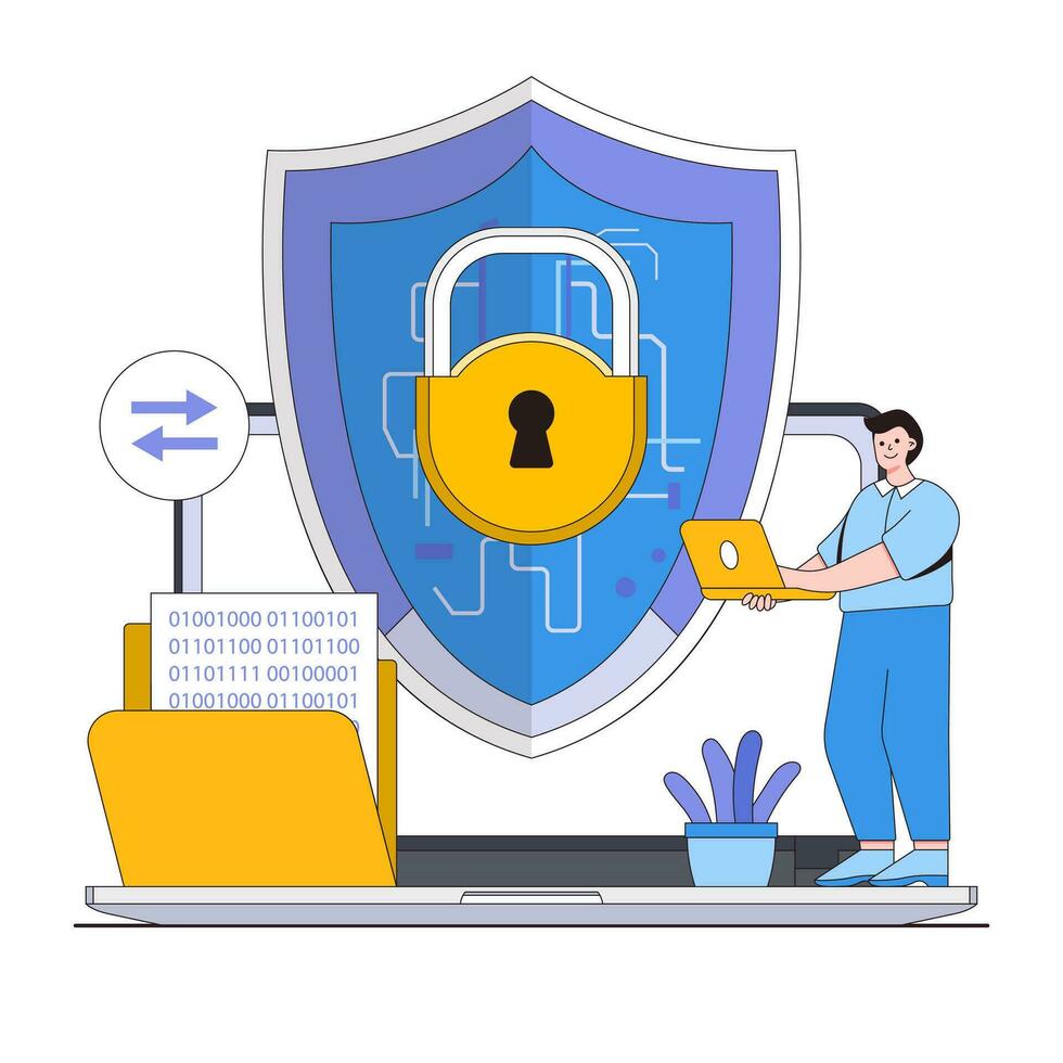 data kryptering vektor illustration begrepp med tecken. säkra data överföra, kryptering teknologi, digital Integritet. modern platt stil för landning sida, webb baner, infografik, hjälte bilder