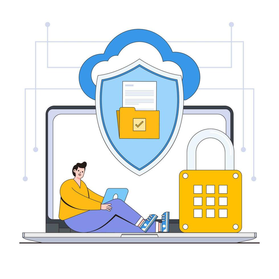 sichern Datei Teilen Vektor Illustration Konzept mit Figuren. verschlüsselt Datei überweisen, sichern Wolke teilen, Daten Zusammenarbeit. modern eben Stil zum Landung Buchseite, Netz Banner, Infografiken
