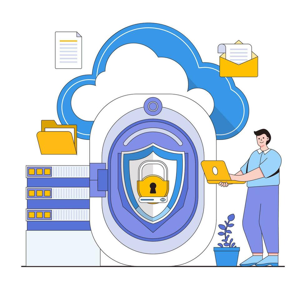 sichern Wolke Lager Vektor Illustration Konzept mit Figuren. Daten Sicherung, verschlüsselt Wolke Lagerung, Daten Schutz im das Wolke. modern eben Stil zum Landung Buchseite, Netz Banner, Infografiken