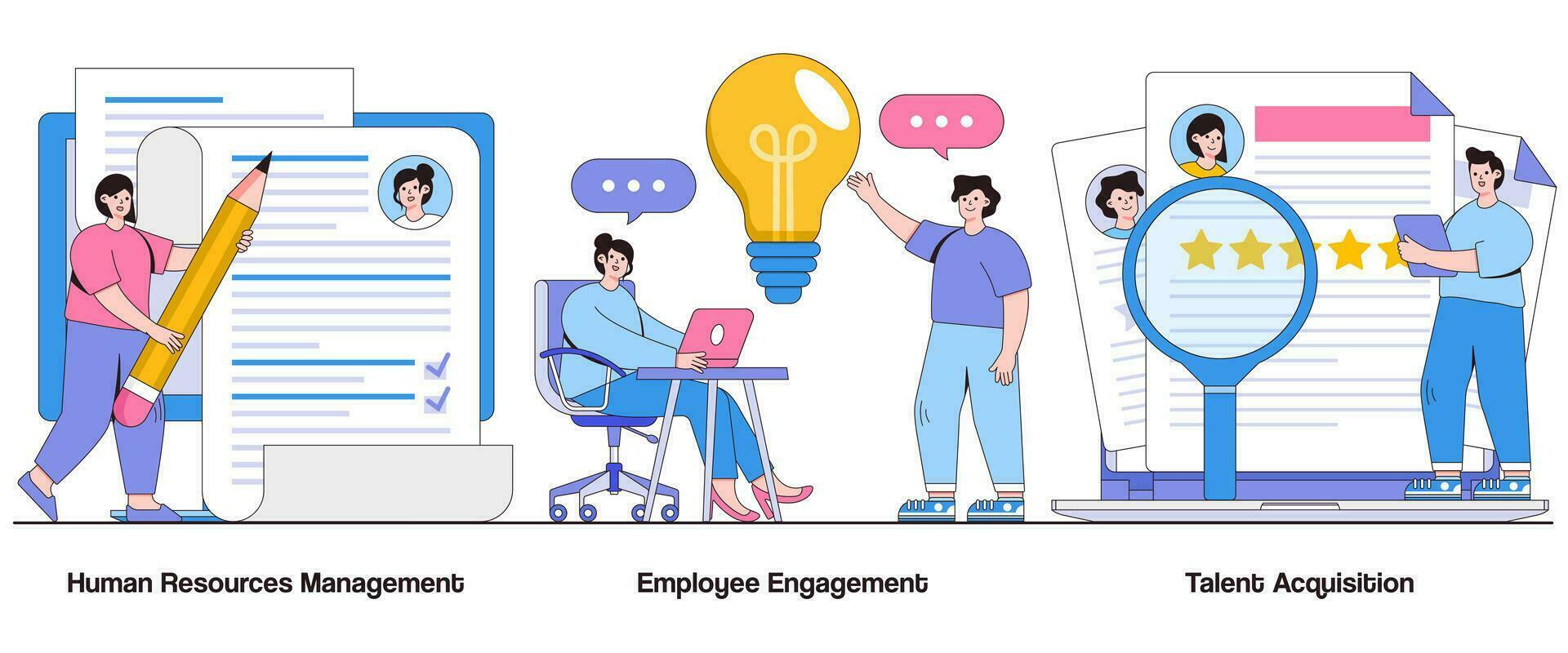 mänsklig Resurser förvaltning, anställd engagemang, talang förvärv begrepp med karaktär. arbetskraft optimering abstrakt vektor illustration uppsättning. prestanda förvaltning, karriär utveckling