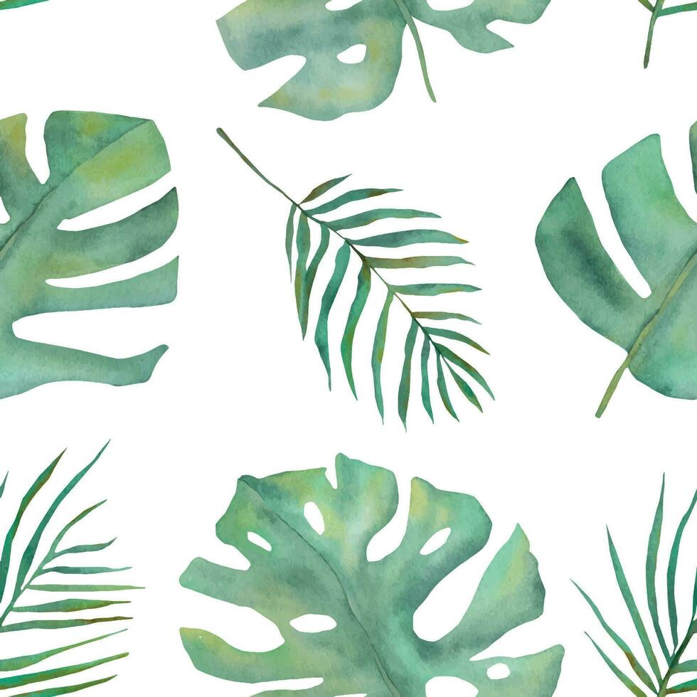 nahtlos Muster mit Monstera Blätter. Aquarell Muster mit Blätter. Grün nahtlos Hintergrund. Aquarell Zweige. Aquarell Blumen- Illustration auf ein Weiß Hintergrund. vektor