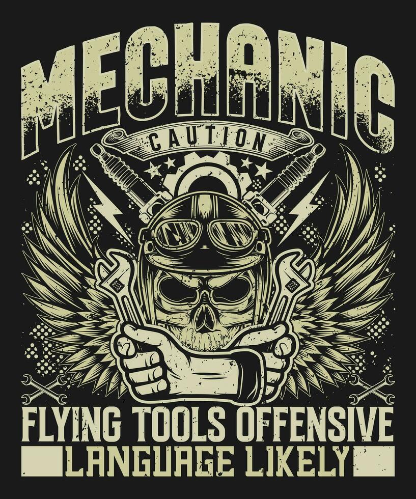 T-Shirt Design Mechaniker Vorsicht fliegende Werkzeuge und anstößige Sprache wahrscheinlich vektor