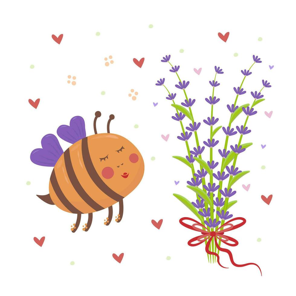 bi och blomma lavendel, färgrik illustration vektor