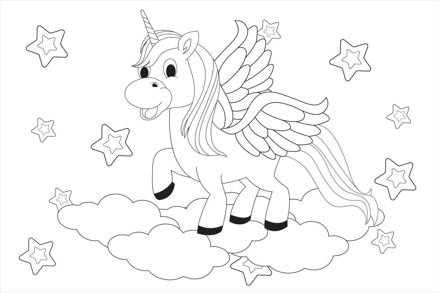 süß Karikatur Einhorn auf ein Wolken. dekorativ Sterne Fantastisch Tier. schwarz und Weiss, Design von Färbung Bücher, drucken Vektor