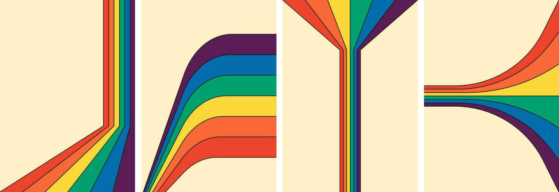 retro groovig Regenbogen Farbe gestreift Poster Satz. geometrisch Hippie Regenbögen Pfad auf Kunst Abdeckungen. Jahrgang Hippie Stil verschiedene abstrakt irisierend Streifen. modisch minimalistisch y2k bunt Vektor Kunstwerk