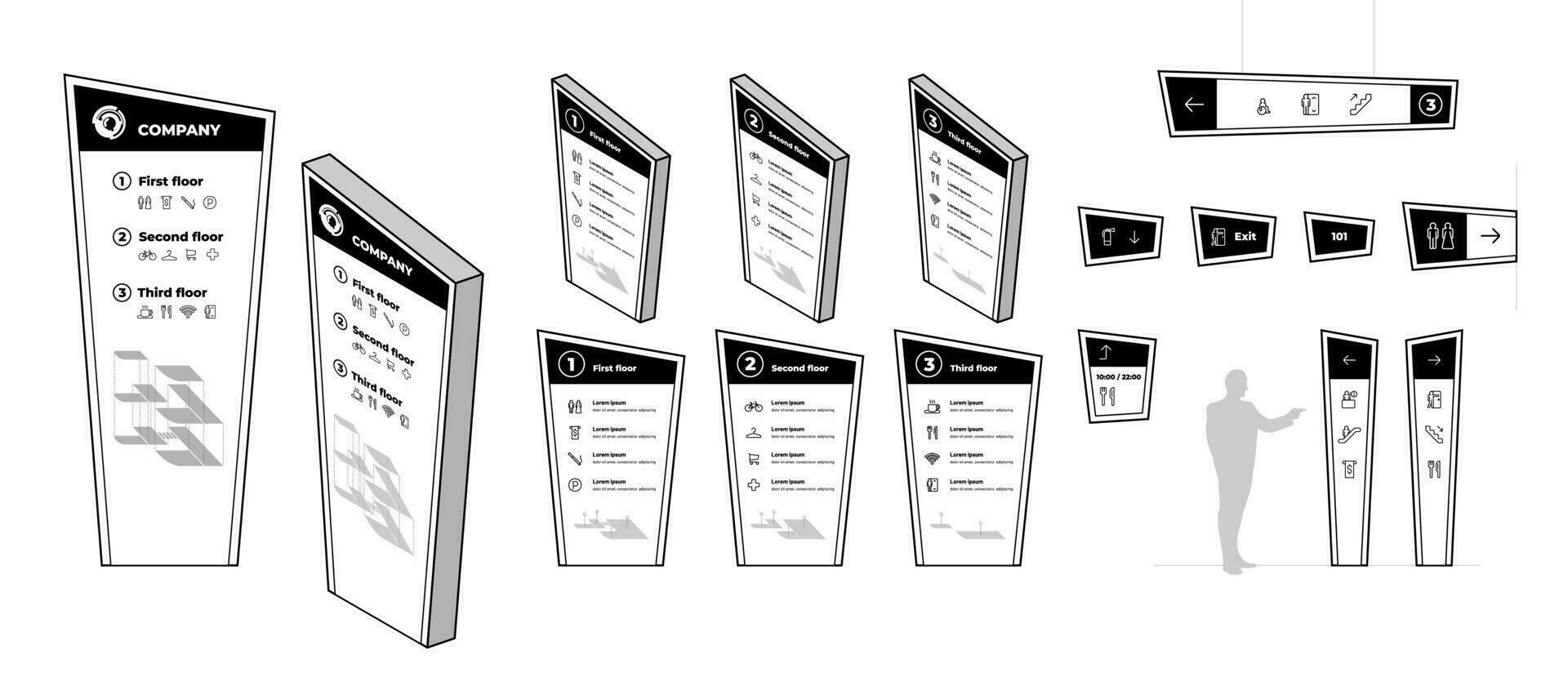 wayfinding systemet Skyltning attrapp uppsättning. exteriör och interiör sätt upptäckt design. handla köpcenter navigering falsk upp. offentlig plats och kommersiell byggnad information brädor. vektor eps riktning tecken