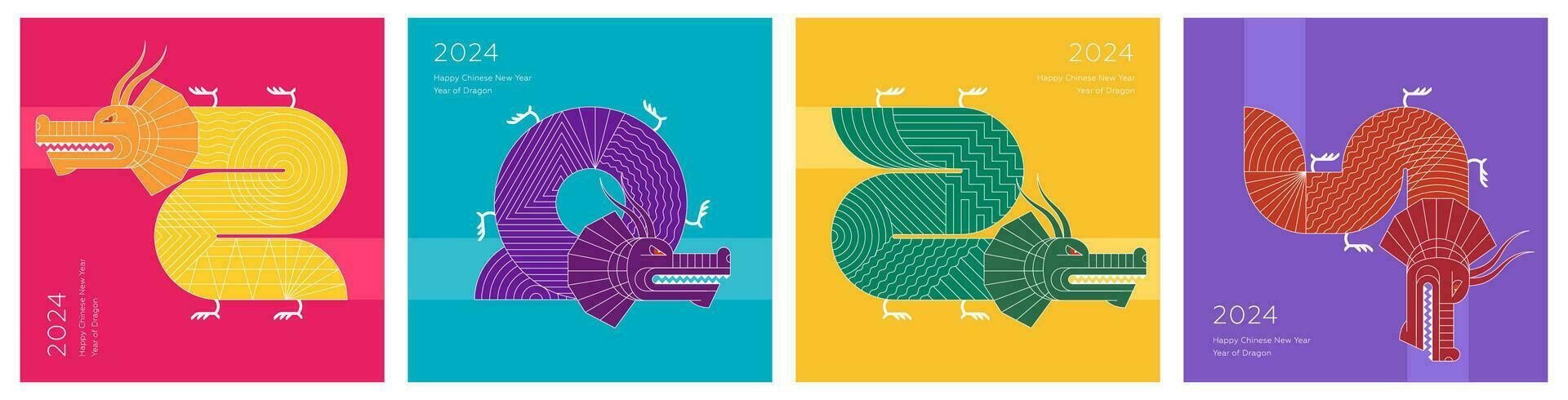 abstrakt bauhaus kinesisk drakar kombination 2024 Lycklig ny år fyrkant banderoller. färgad Kina zodiaken djur- drake uppsättning. grafisk asiatisk firande färgrik grafik. modern trendig orientalisk eps målningar vektor