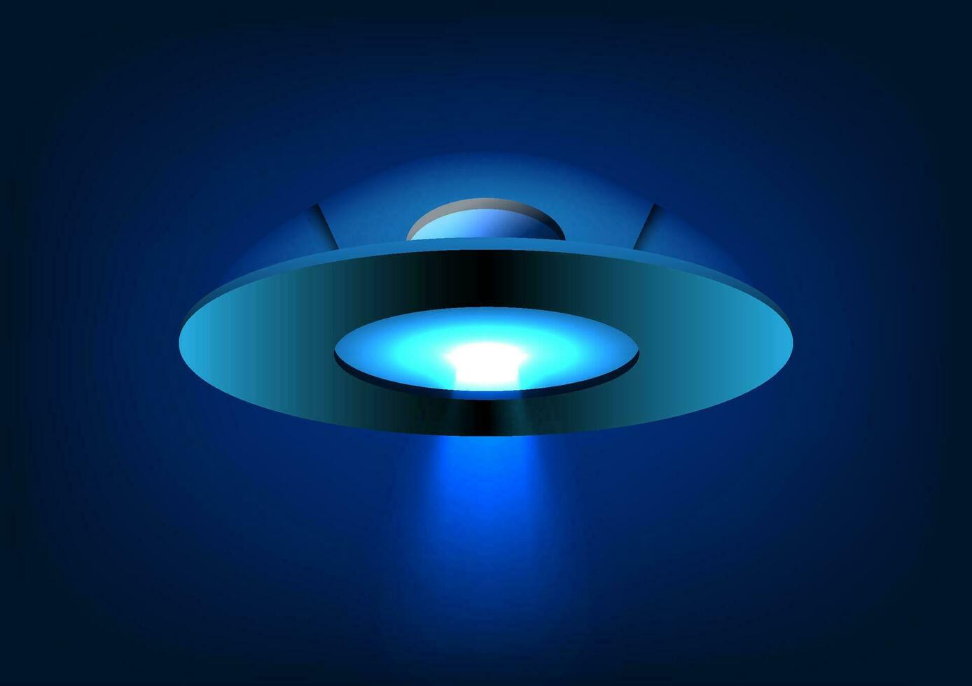 UFO rymdskepp en stråle av vit ljus kom ut från de rymdskepp. är en vektor bild lämplig för använda sig av som en dekorativ affisch eller som ett illustration