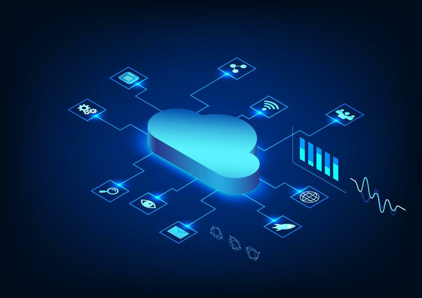 isometrisch Clever Technologie, ein Schaltkreis in Verbindung gebracht zu Wolke Technologie Das sendet Daten Über ein sichern Internet System. das zurück ist ein Nummer Code Laufen entlang mit das Technologie Symbol. vektor