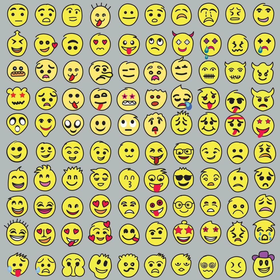 uppsättning av uttryckssymboler. uppsättning av emoji. leende ikoner, rolig tecknad serie gul emoji och känslor ikon samling. humör och ansiktsbehandling känsla ikoner. gråt, leende, skrattande, glad, ledsen, arg och Lycklig ansikten, vektor