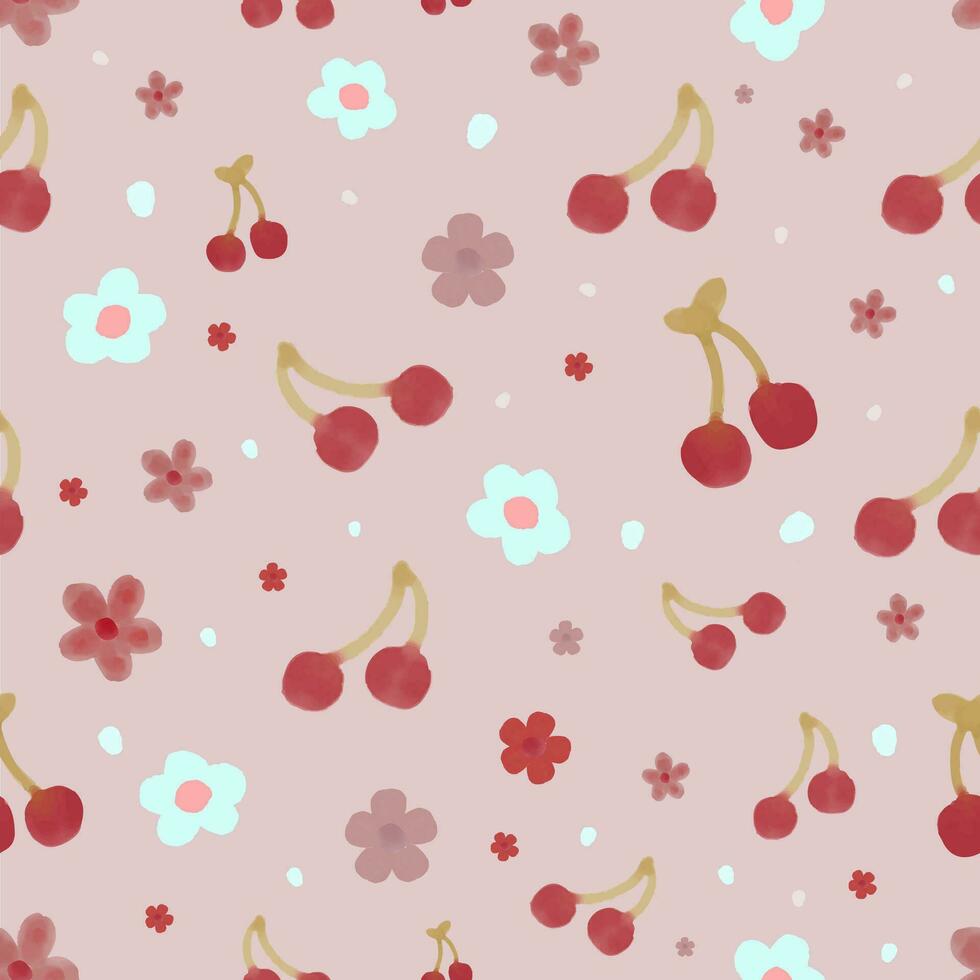 sömlös vattenfärg körsbär mönster med hjärtan, blommor, och rosa bakgrund. vektor illustration i vattenfärg stil för vår omslag, tapet, omslag bakgrund, förpackning, bakgrunder, stationär