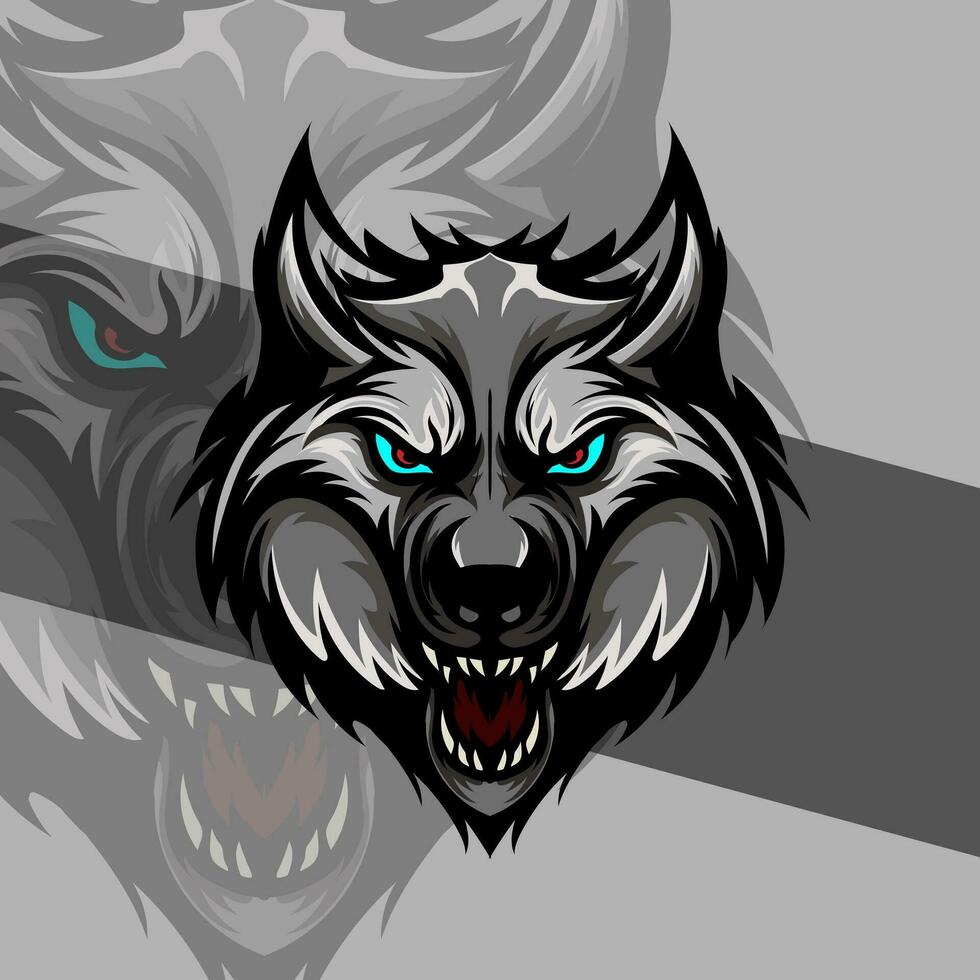 Kopf von ein wütend Wolf Maskottchen Sport Logo Design. Wolf Tier Maskottchen Kopf Vektor Illustration Logo. Wolf Kopf Emblem Design zum Esport Team. Charakter zum Sport und Spielen Logo Konzept.