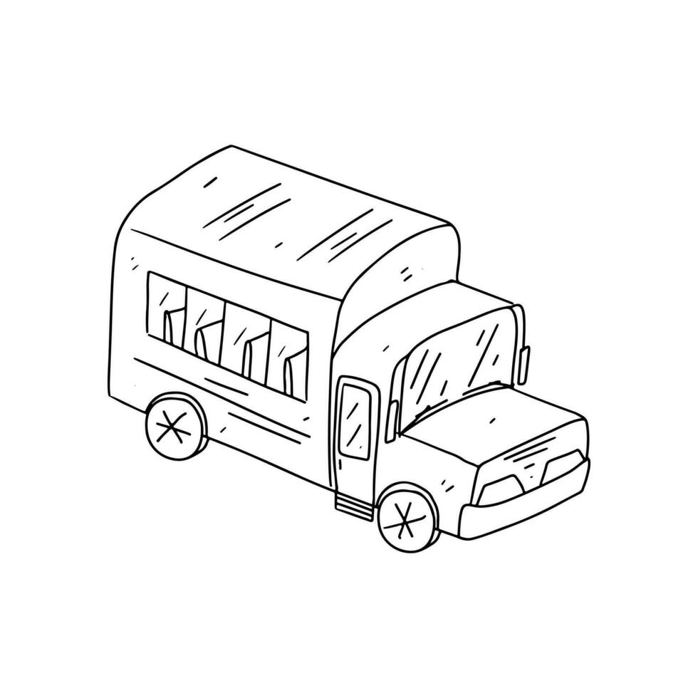 Skolbuss i hand dragen klotter stil. vektor illustration isolerat på vit. färg sida.