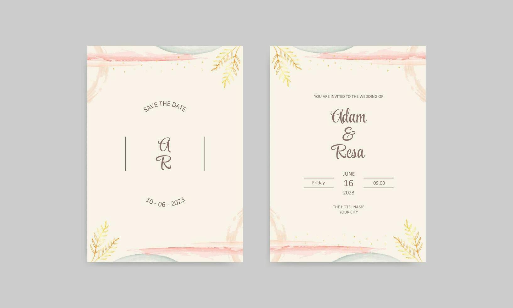 bröllop inbjudan kort med vattenfärg och guld löv vektor