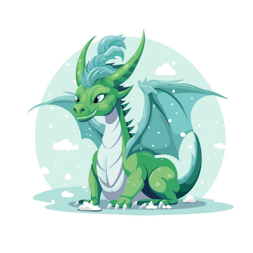 Drachen Charakter Karikatur. Winter Drachen mit Schnee und Schneeflocken. Symbol von das Neu Jahr 2024. Grün Drachen. vektor