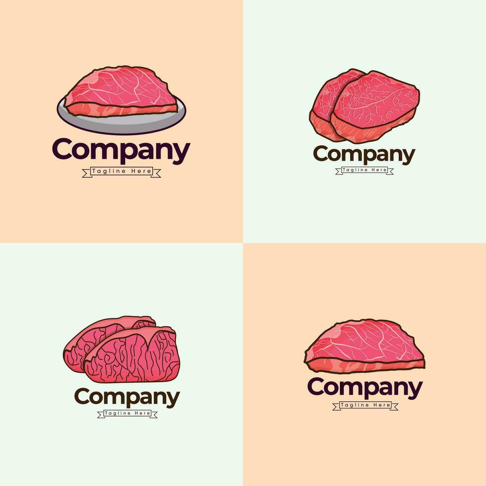 fyra annorlunda logotyper för en ko kött företag logotyp samling med illustrationer vektor design, premie vektor logotyp med 3d stil kött med tallrik design, och restaurang waguaa logotyp design.