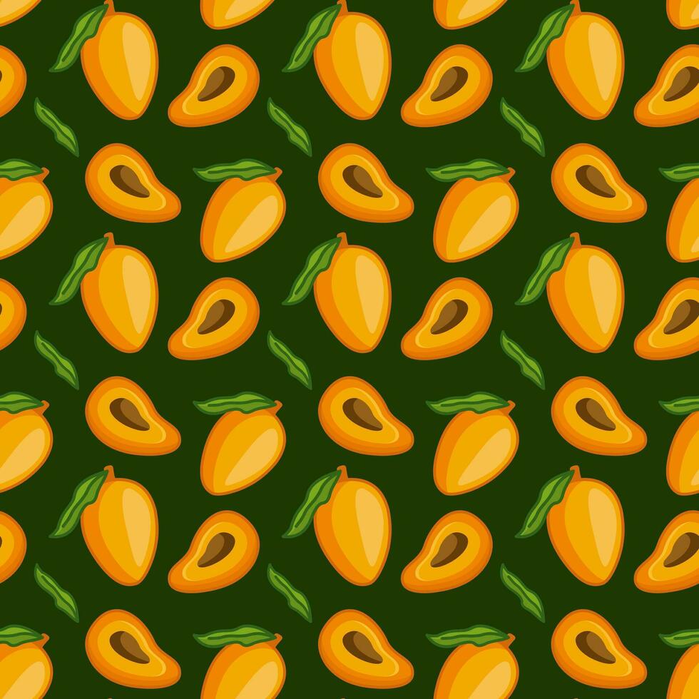 sömlös mango mönster för en friska livsstil, dragen med en vektor illustration på en grön bakgrund. kan vara Begagnade för dekor, tyg, mode, Kafé, restaurang, frukt marknadsföra och livsmedelsbutik.