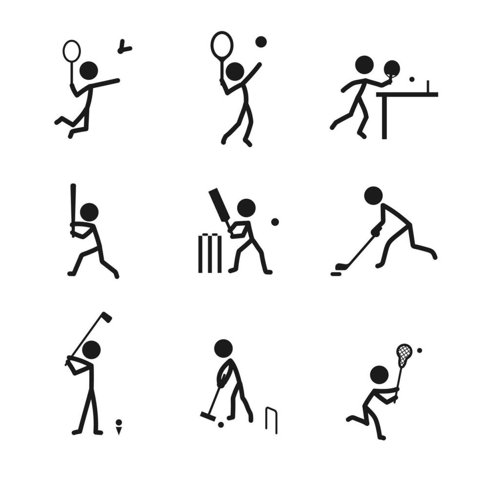 racketen sporter ikon piktogram vektor uppsättning. pinne figur män sporter spelare vektor ikon tecken symbol piktogram. badminton, tennis, baseboll, golf, hockey, krocket, lacrosse, tabell tennis, cricket ikoner