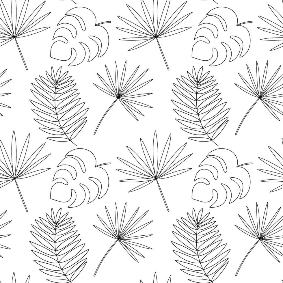 tropisk löv vektor sömlös mönster. hand dragen monstera blad och chamaerops på vit bakgrund