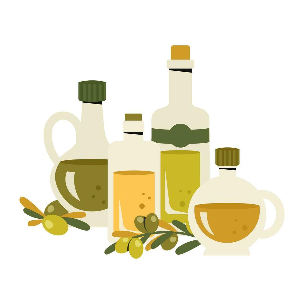 einstellen von Glas Olive Öl Flaschen. Krug und verkorkt Flasche von extra Jungfrau Olive Öl, Ast von Olive Bäume, Blätter. Geschirr, Kochen Konzept. gesund organisch Lebensmittel. Vektor eben Illustration