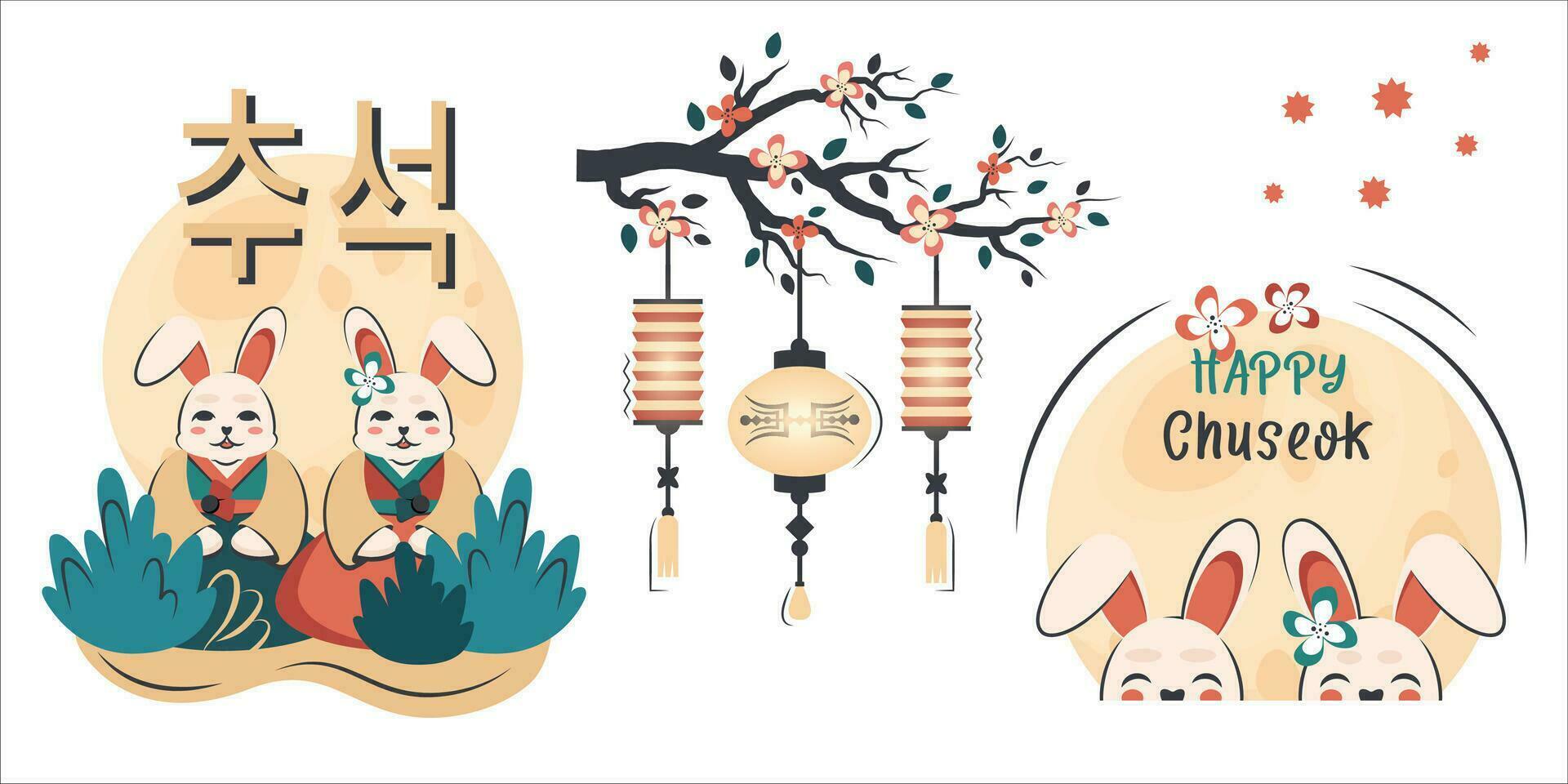 glücklich chuseok. Chinesisch mitte Herbst Festival. Koreanisch bunt Gruß Karte zum Feierlichkeiten im Asien. süß Hase, Mond, Baum, Sterne, Text Vorlage. Vektor Karikatur Illustration