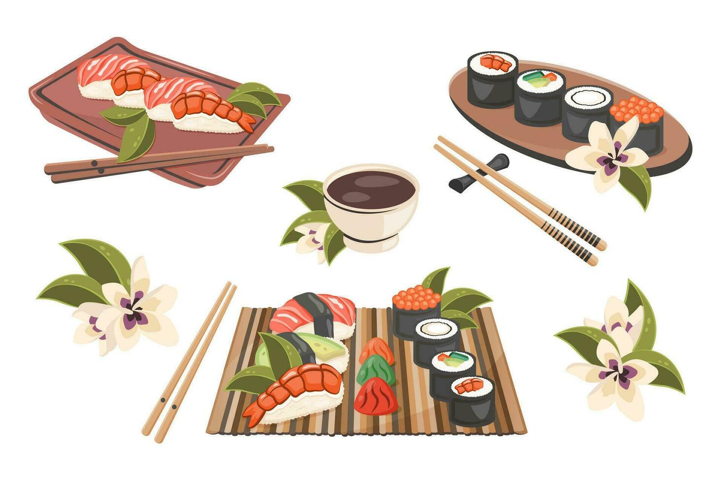 einstellen von japanisch National Essen isoliert. japanisch Nigiri Sushi maki mit Fisch, Garnele, Meeresfrüchte.Sammlung von orientalisch Gericht Nahansicht mit Essstäbchen, hölzern Tablett. Kochen Konzept. Vektor Illustration