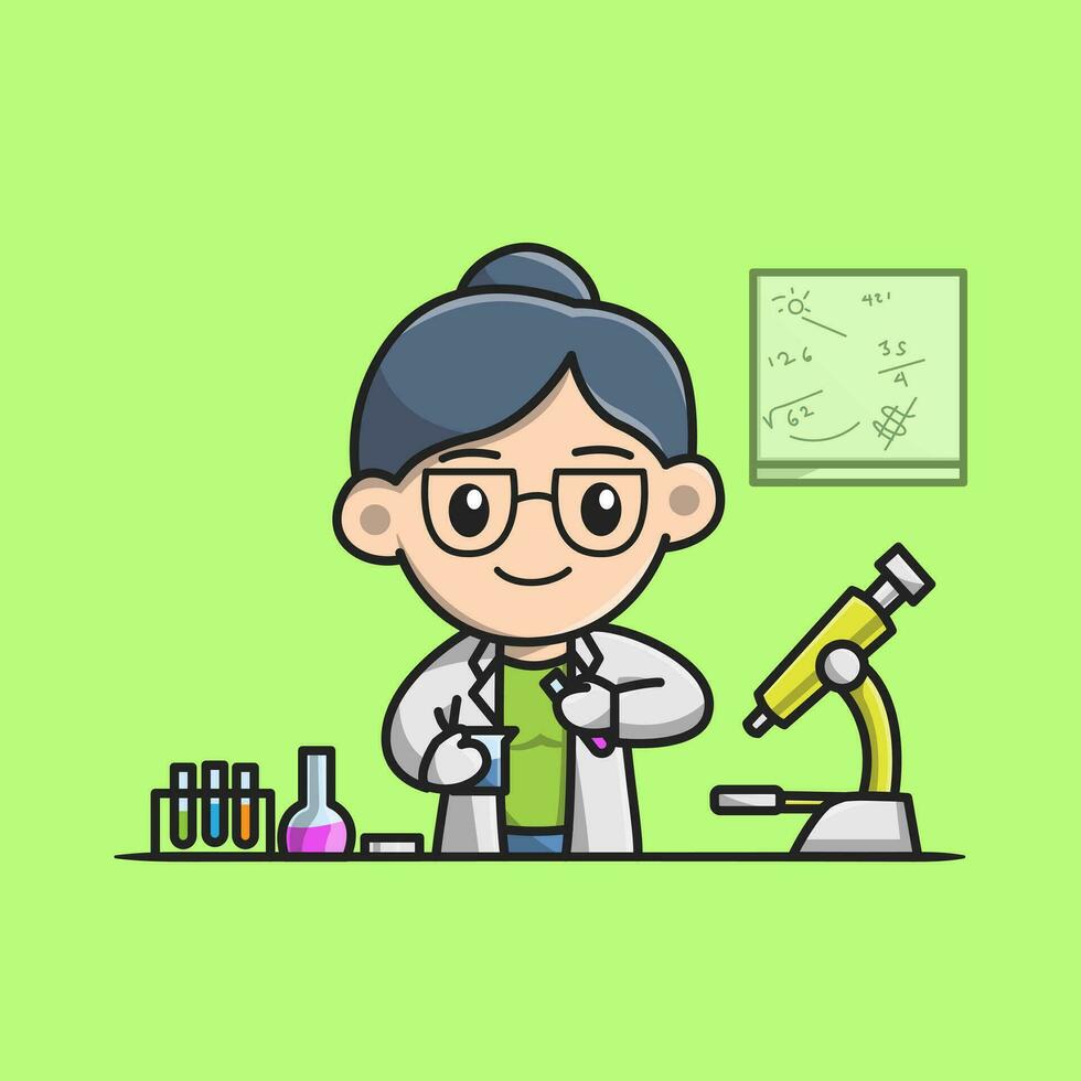 süß weiblich Wissenschaftler experimentieren im das Labor Karikatur Vektor Symbol Illustration. Menschen Wissenschaft Symbol Konzept isoliert Prämie Vektor. eben Karikatur Stil