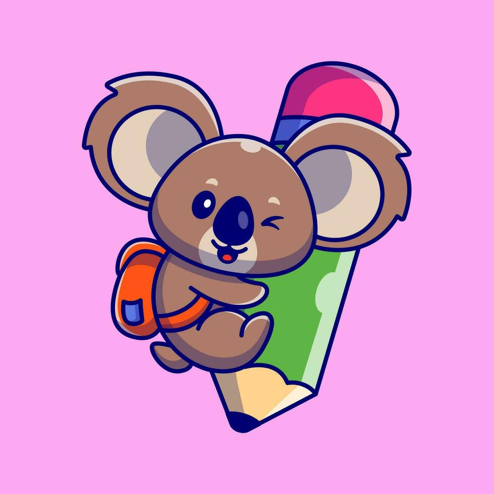 süß Koala tragen Rucksack und Umarmung Bleistift Karikatur Vektor Symbol Illustration. Tier Bildung Symbol Konzept isoliert Prämie Vektor. eben Karikatur Stil