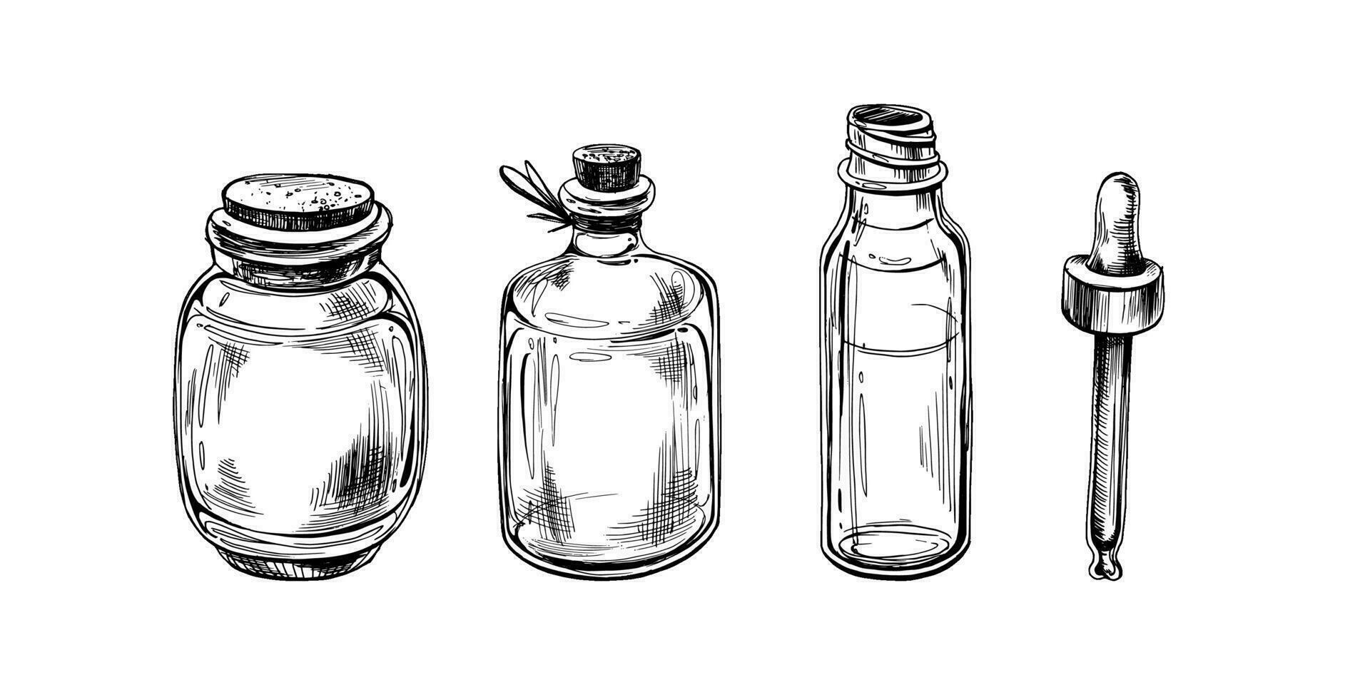 Glas Flaschen mit Pipette zum Kosmetika, Öle, Serum. das Illustration ist Grafik handgemalt. eps Vektor, isoliert Objekte vektor