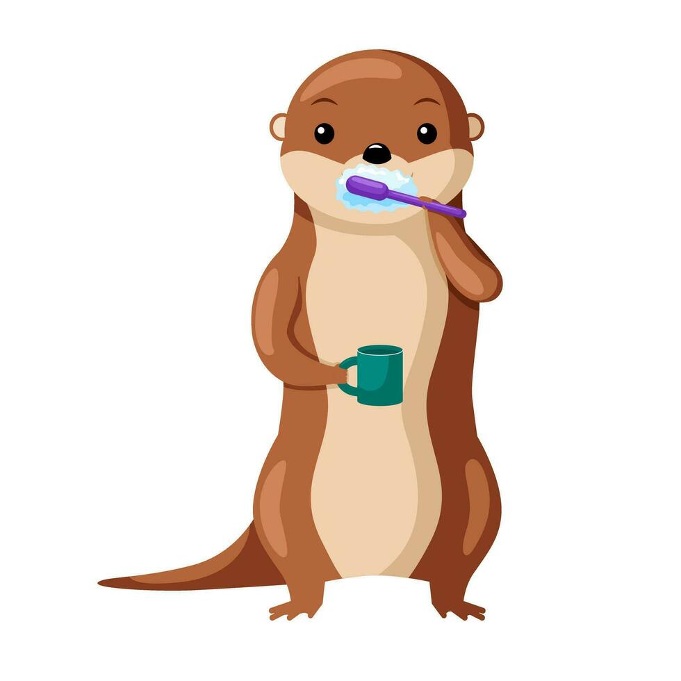 Karikatur Otter Bürsten ihr Zähne. Tier Charakter Waschen Morgen. vektor