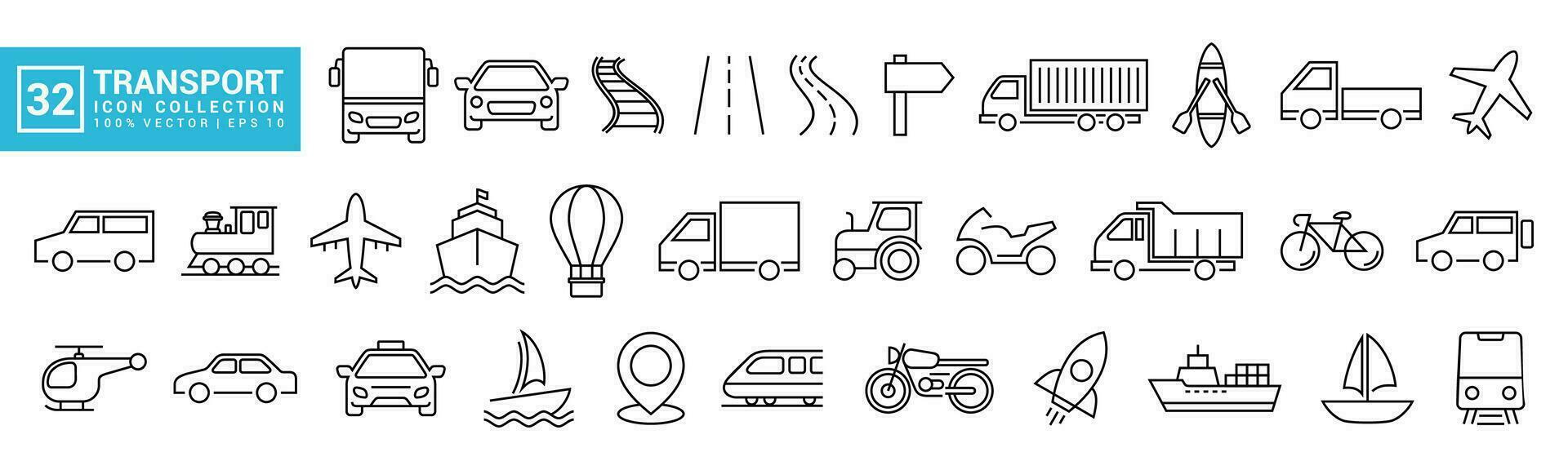 Sammlung Symbole von Transport, Öffentlichkeit Transport, Privat Fahrzeug, Bus, Ebene, Schiff, editierbar und der Größe veränderbar Vektor eps 10.