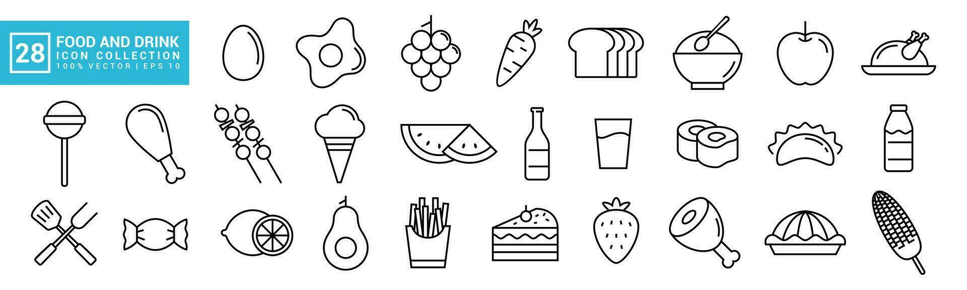 Essen und trinken Symbol Sammlung, Frühstück, lecker, nahrhaft, editierbar und der Größe veränderbar Vektor Symbole eps 10.