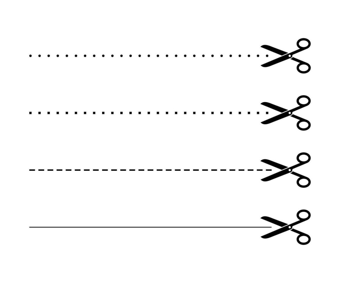 schwarz öffnen Schere mit Schnitt Linien Vektor Symbol. Schere Linie Schnitt Silhouette einstellen Sammlung auf Weiß Hintergrund