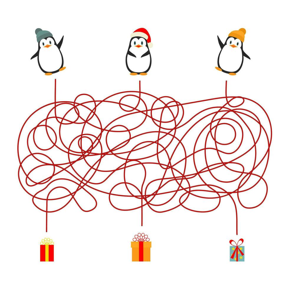 Weihnachten Kinder- Spiel Matze Matze oder Quiz zum Winter Feiertage, Vektor Arbeitsblatt. Karikatur Pinguin Tiere im Winter Hüte zu finden das Weg zu Weihnachten Geschenke im ein Puzzle Spiel.