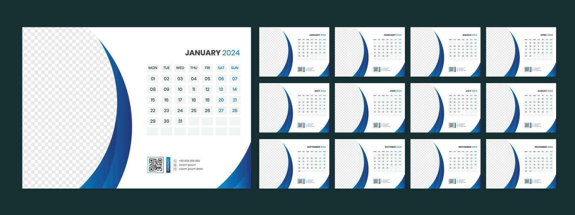 Kalender 2024 Planer korporativ Vorlage Design Satz. Woche beginnt auf Montag. Vorlage zum jährlich Kalender 2024 vektor