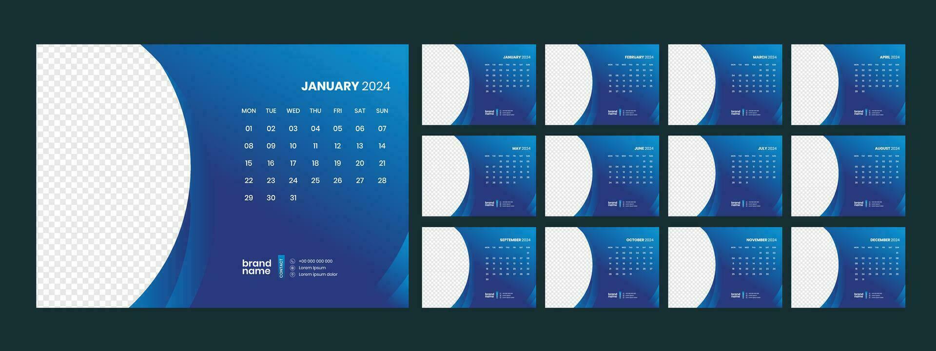 Kalender 2024 Planer korporativ Vorlage Design Satz. Woche beginnt auf Montag. Vorlage zum jährlich Kalender 2024 vektor