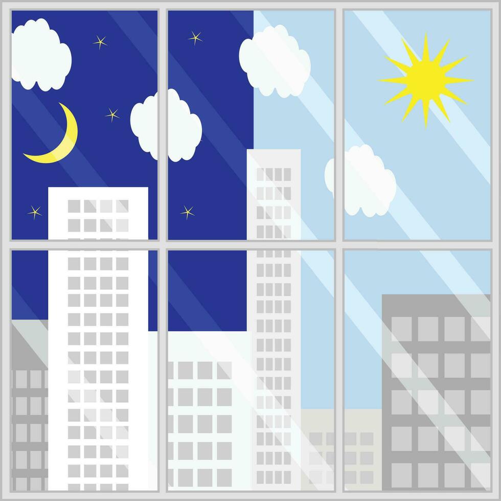 Tag Nacht Aussicht von Fenster. Illustration von Landschaft Hintergrund, Glas Rahmen zu Nacht und Tag Stadt Vektor