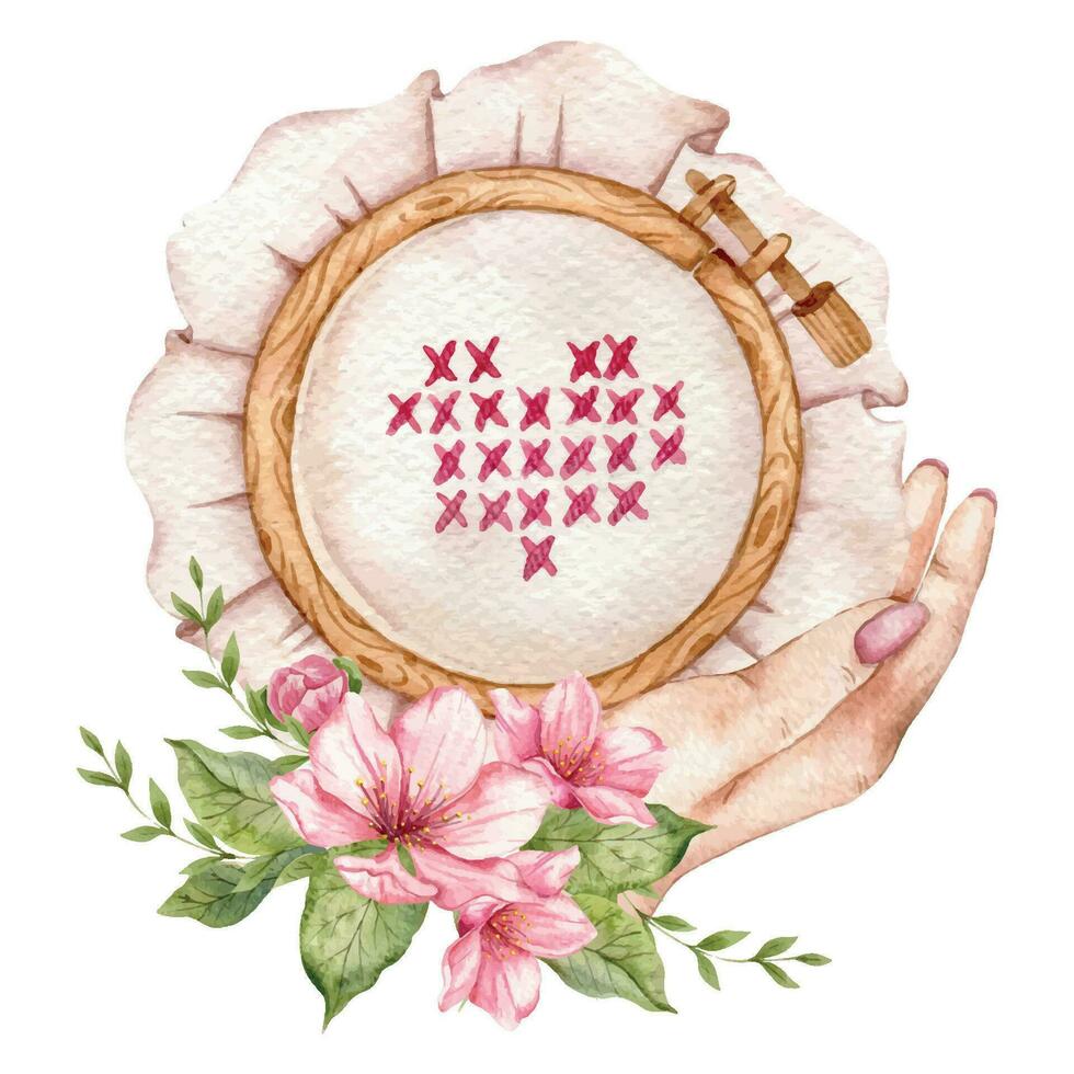 broderi logotyp. broderi ring. årgång handarbete med blommor. vattenfärg illustration på vit isolerat bakgrund. hobby. hemlagad hobby. broderi, sömnad. skräddare affär logotyp. vektor