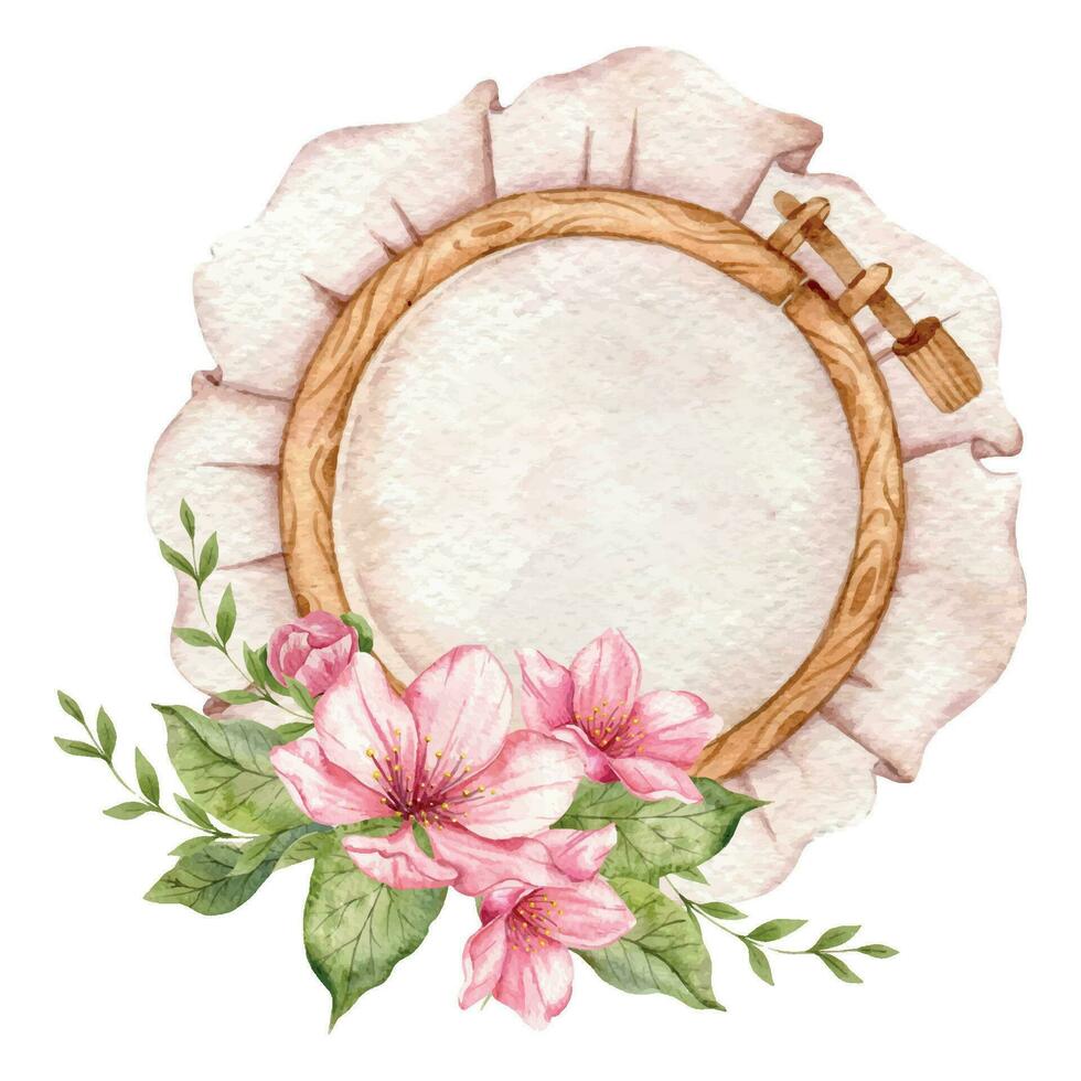 broderi logotyp. broderi ring. årgång handarbete med blommor. vattenfärg illustration på vit isolerat bakgrund. hobby. hemlagad hobby. broderi, sömnad. skräddare affär logotyp. vektor