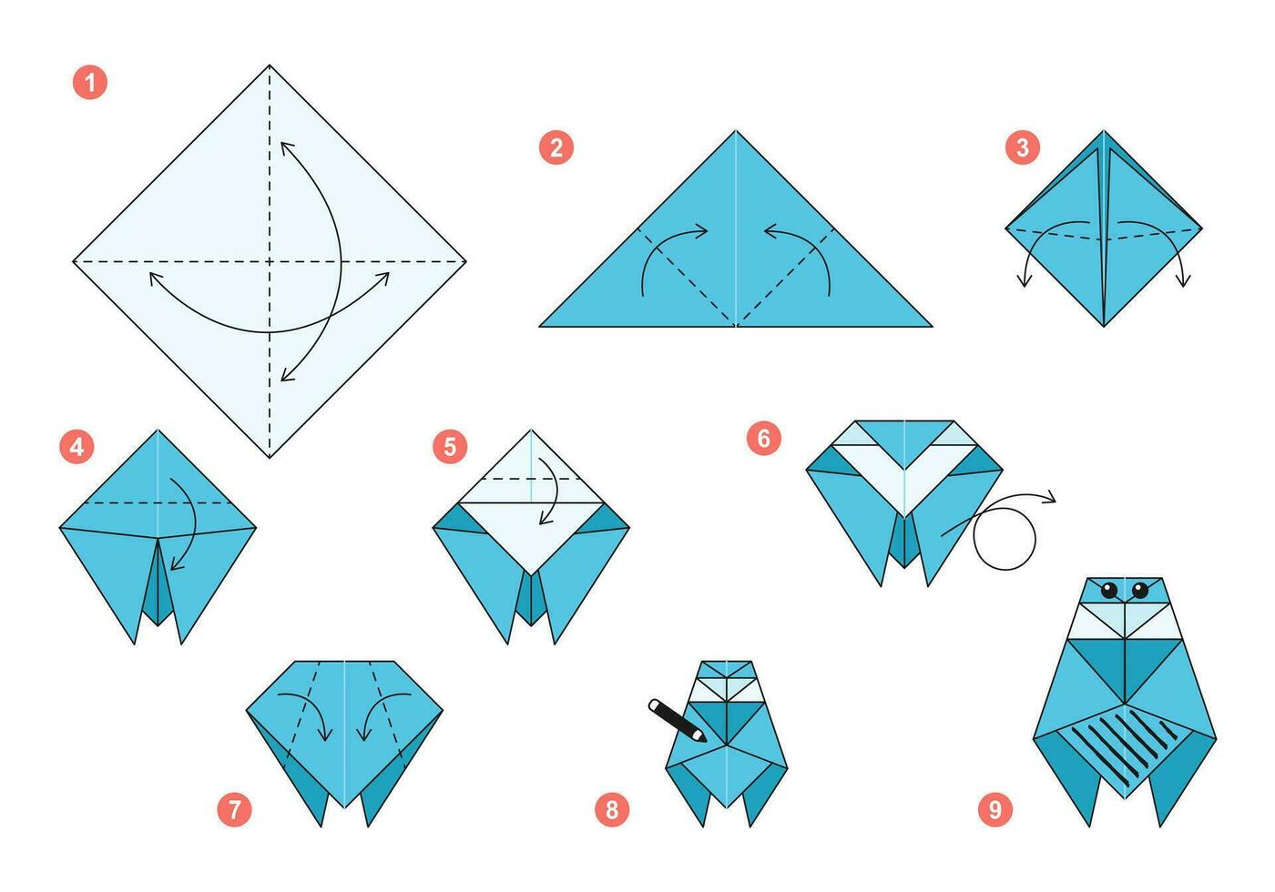 fliegen Origami planen Lernprogramm ziehen um Modell. Origami zum Kinder. Schritt durch Schritt Wie zu machen ein süß Origami Insekt. Vektor Illustration.